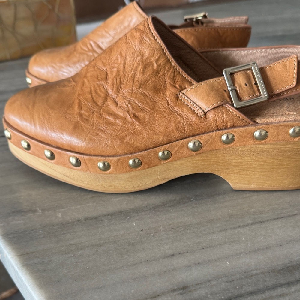 Kelsi Dagger Tan Leather Studded Clog Mules with Buckle